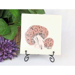 Tan Beige Mushroom Hand Painted 6" Square Ceramic Tile | Cottagecore Fairy Decor
